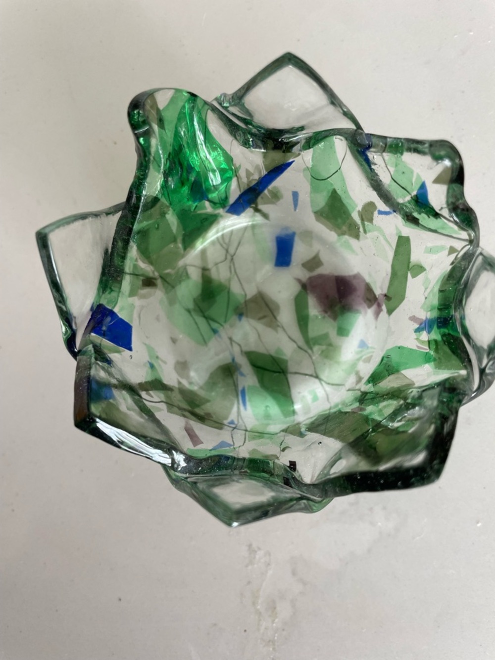 Vintage Art Glass Bowl, Green Blue Confetti Dish